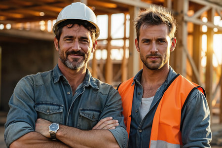 Two men, likely construction workers, stand together at a building site, one wearing a hard hat and denim shirt, the other in an orange safety vest.の素材