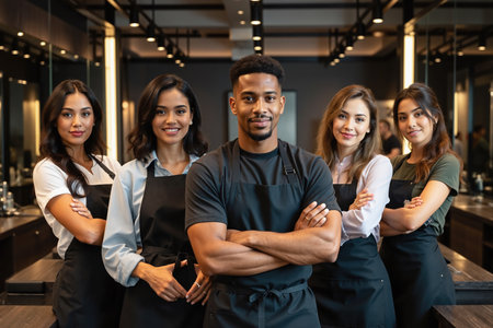 A man and four women, likely salon staff, stand together in a modern salon, wearing black aprons, smiling and confident.の素材