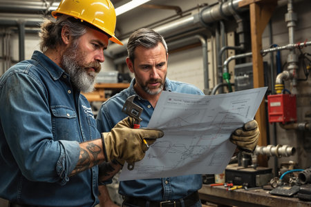 Two men in a workshop, one wearing a yellow hard hat, reviewing a blueprint together, likely plumbers or engineers, amidst pipes and tools.の素材