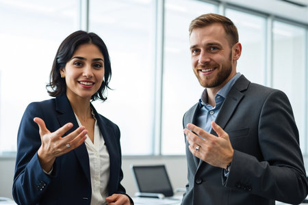 Man and woman in professional attire, smiling and gesturing in a modern office setting, likely discussing work.の素材