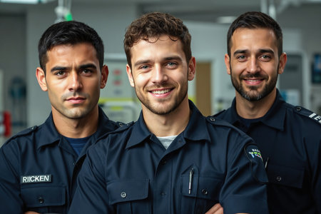 Three men in dark blue uniforms stand together, likely in a workshop or laboratory setting, with name tags and pens visible.の素材