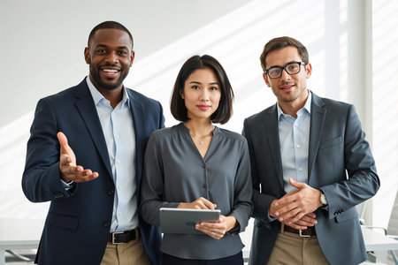 Three professionals, a man and woman in center holding a tablet, and a man on the right, all smiling and dressed in business attire, stand together in a well-lit office.の素材