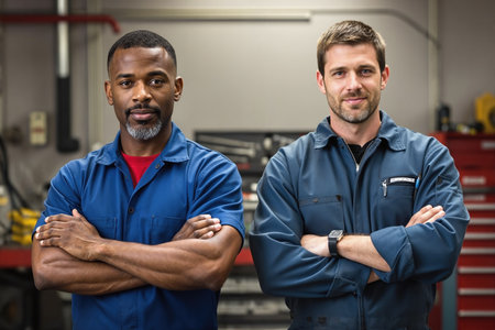 Two men, likely mechanics or technicians, stand confidently in a workshop, wearing blue uniforms, with a toolbox behind them.の素材
