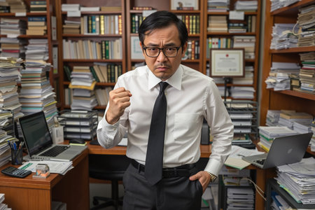 Man in white shirt and tie standing in a cluttered office with bookshelves and papers, possibly a manager or administrator.の素材