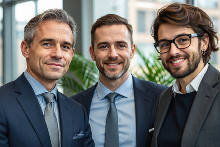 Three men in business attire stand together, smiling, in a modern office setting with a plant in the background, likely colleagues or business partners.の素材