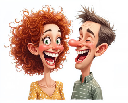 Vibrant cartoon illustration of a laughing couple with exaggerated features, bright colors, and a white background, showing joyful emotions and playful facial expressions.の素材