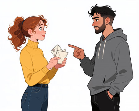 Cartoon style illustration with white background, man and woman engaged in heated discussion, both displaying strong emotions, woman holding envelopes, man pointing accusingly.の素材