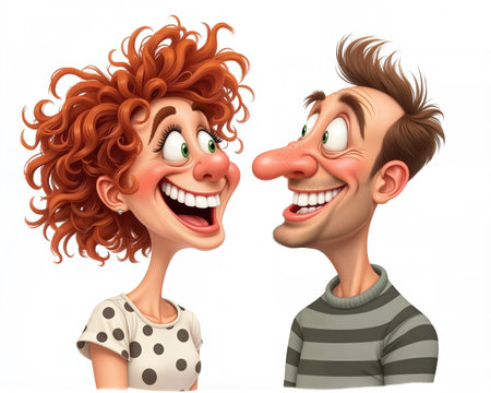 Caricature style illustration on white background, exaggerated facial expressions, joyful atmosphere, couple laughing and smiling together, having a fun and playful moment.の素材