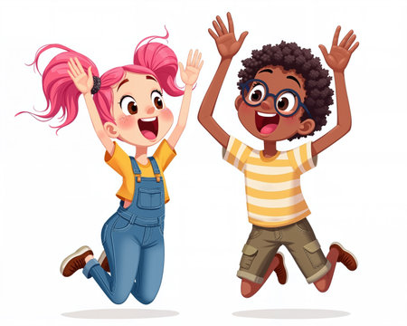 Cartoon illustration of a boy and girl jumping with joy, smiling and laughing on a white background, conveying friendship and happiness.の素材