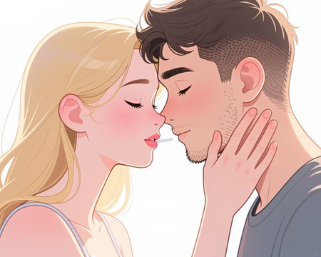 A romantic anime-style illustration of a couple kissing, with soft facial expressions and gentle hand touch, conveying affection and closeness against a plain white background.の素材