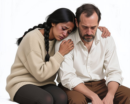 A somber scene of a man and woman in a comforting embrace, with the man showing signs of distress and the woman offering solace.の素材