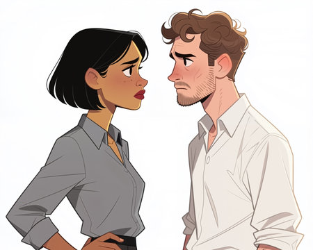 Cartoon style illustration of a man and woman standing face to face, both displaying angry facial expressions, with a plain white background and simple attire.の素材