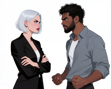 Cartoon-style illustration of a tense confrontation between a man and woman, both displaying anger and frustration on their faces against a plain white background.の素材