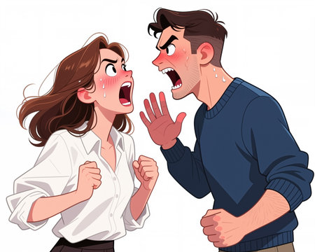 Cartoon illustration of a man and woman in a heated argument, with angry facial expressions and aggressive body language against a plain white background.の素材