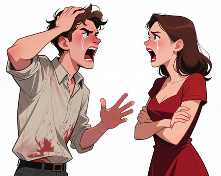 A cartoon-style illustration depicts a man and woman in a heated argument, with tears streaming down their faces, conveying intense emotions.の素材