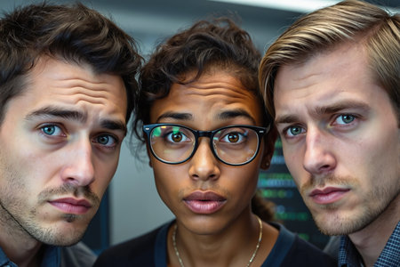 Three coworkers with shocked expressions stand together, likely in a tech or corporate office, with a woman in glasses between two men.の素材