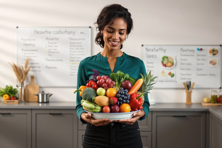 A woman in a kitchen holding a bowl of colorful fruits and vegetables, likely a nutritionist or chef.の素材