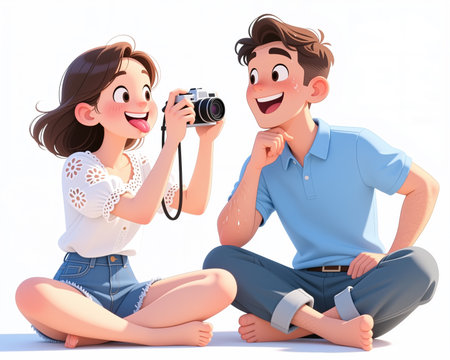 Cartoon style illustration of a girl photographing a boy, both smiling and sitting cross-legged, with a white background and vibrant colors.の素材