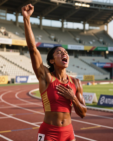 Sweaty, muscular woman with dark hair, wearing a red sports outfit, raises her fist in triumph, her face contorted in a joyful, open-mouthed expression.の素材