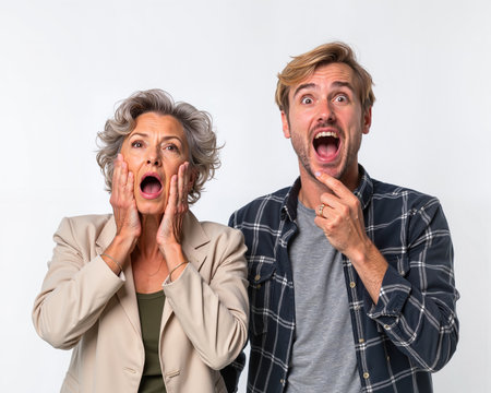 Man and woman display astonished faces, wide eyes, and open mouths, conveying shock and amazement, with the mans hand on his chin.の素材