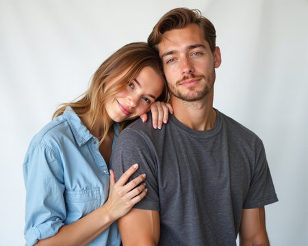The woman rests her head on the mans shoulder, smiling softly, while he gazes directly, his expression relaxed and content, conveying a sense of comfort and affection.の素材
