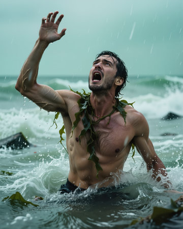 Man with seaweed on body, screaming with raised arm, in turbulent ocean water with waves and rain, showing intense emotion and facial expression.の素材