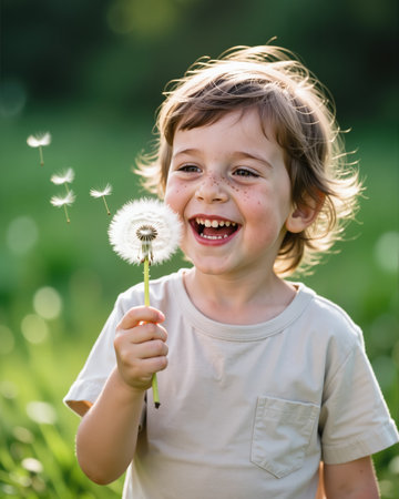A smiling boy with a dandelion, blowing seeds, having a joyful expression, with a blurred green background and a warm atmosphere.の素材