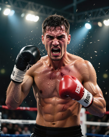 Muscular boxer with a fierce expression, yelling with sweat-drenched hair and black and red boxing gloves, in a brightly lit ring.の素材