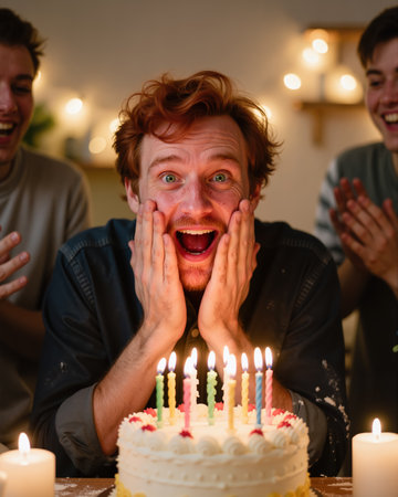 A young man with red hair and freckles looks shocked and delighted, hands on face, as friends clap behind him, surrounded by candles.の素材