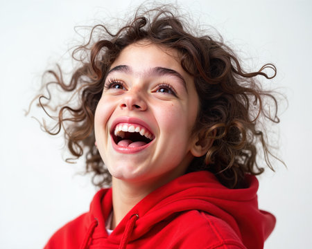 A young girl with curly brown hair and bright brown eyes, wearing a red hoodie, is laughing with her mouth open, showing her teeth and joyful expression.の素材