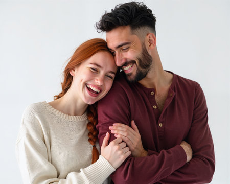 Man and woman in tender embrace, beaming with joy and happiness, smiling faces.の素材