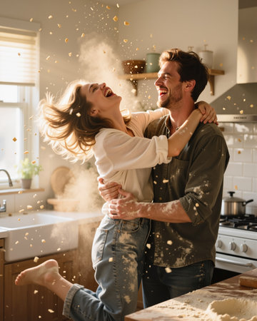 Man and woman laughing and embracing amidst a cloud of flour, joyful and playful, with beaming smiles and carefree expressions.の素材