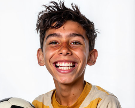 A young boy with dark hair and a big smile, wearing a yellow and white shirt, holding a soccer ball, exuding happiness and excitement.の素材