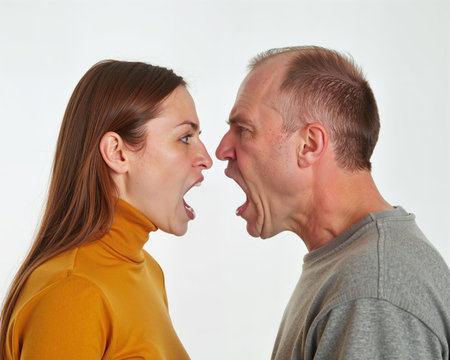 The couples intense facial expressions convey anger and frustration as they stand nose-to-nose, their emotions heightened.の素材