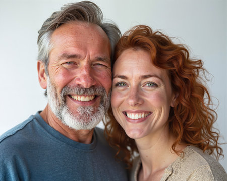 Mature man with gray hair and beard, and red-haired woman, both smiling with joyful, relaxed facial expressions, conveying happiness and togetherness.の素材