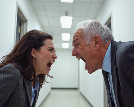 A young woman and older man in a heated argument, their faces red, eyes wide, and mouths open in a loud yell, in a tense office hallway.の素材