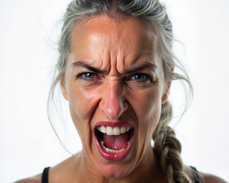 Mature woman with braided gray hair, intense angry expression, furrowed brow, and open mouth revealing white teeth, conveying strong emotion and frustration.の素材