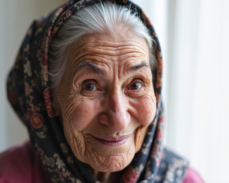 Elderly woman with a warm smile, wrinkled face, and floral headscarf, conveying happiness and kindness, with a gentle and aged appearance.の素材