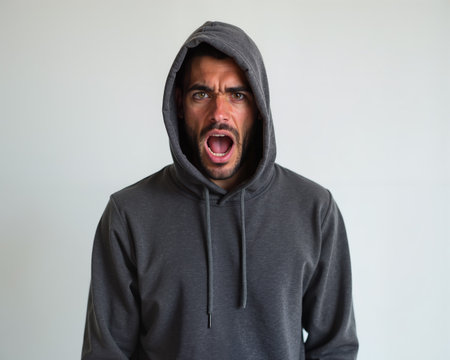 Man wearing gray hoodie, shouting with intense anger, furrowed brow, and open mouth showing teeth, conveying strong emotion and frustration.の素材