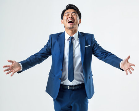 Man in blue suit laughing with outstretched arms, showing joy, with closed eyes and open mouth, conveying happiness and excitement.の素材