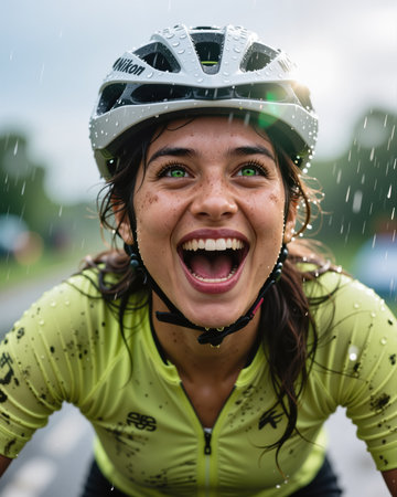 A young woman with green eyes and freckles smiles widely, wearing a white helmet and green cycling jersey, riding in the rain with a joyful expression.の素材