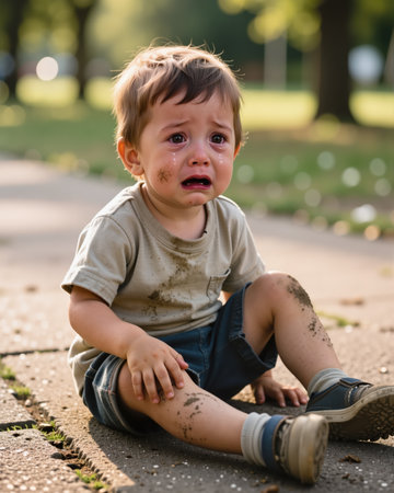 A distressed baby boy with tears on his cheeks, dirty clothes, and a sad facial expression sits on the ground, appearing unhappy and upset.の素材