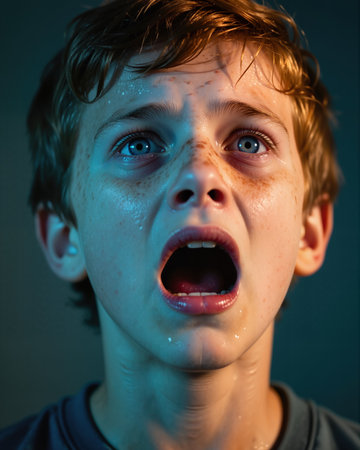 A young boy with blue eyes and freckles, his mouth open in shock, face illuminated by a mix of warm and cool lighting.の素材