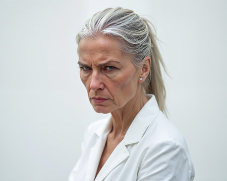 Mature woman with gray hair and white shirt, looking stern with a serious facial expression and a hint of displeasure.の素材