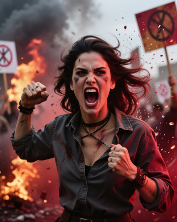 A woman with a fierce expression, clenched fist, and open mouth, surrounded by flames and debris, conveying intense anger and defiance in a chaotic protest scene.の素材