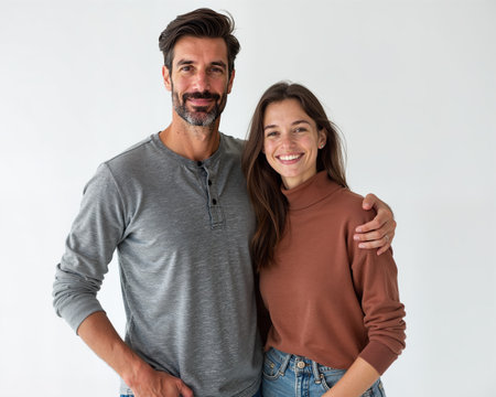 Man and woman standing together, smiling, with mans arm around womans shoulder, both wearing casual clothing and having happy facial expressions.の素材