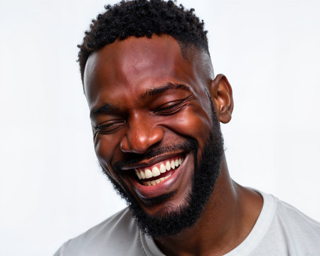 Man with dark skin and short black hair, laughing with eyes closed, showing white teeth and having a joyful expression with visible happiness.の素材