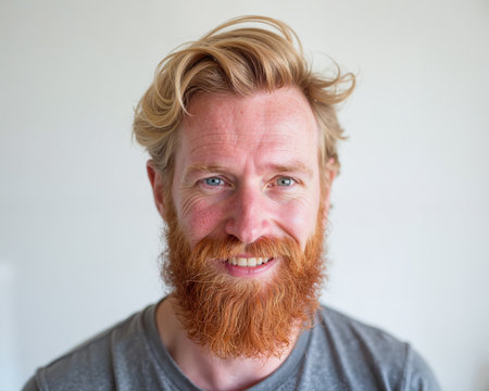 Smiling man with blond hair and red beard, looking directly at camera with a friendly and approachable facial expression and a slight squint in his eyes.の素材