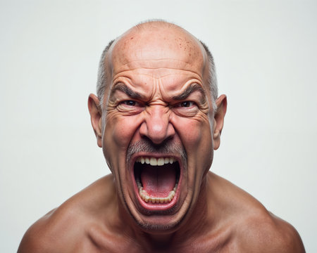 Elderly man with a fierce expression, furrowed brow, and open mouth, revealing his teeth, conveying anger and frustration on a plain white background.の素材