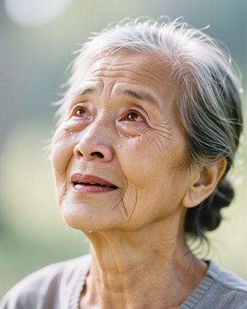 An elderly Asian woman cries, her face etched with deep wrinkles, as she gazes upwards with tears welling in her eyes, conveying sorrow and despair.の素材